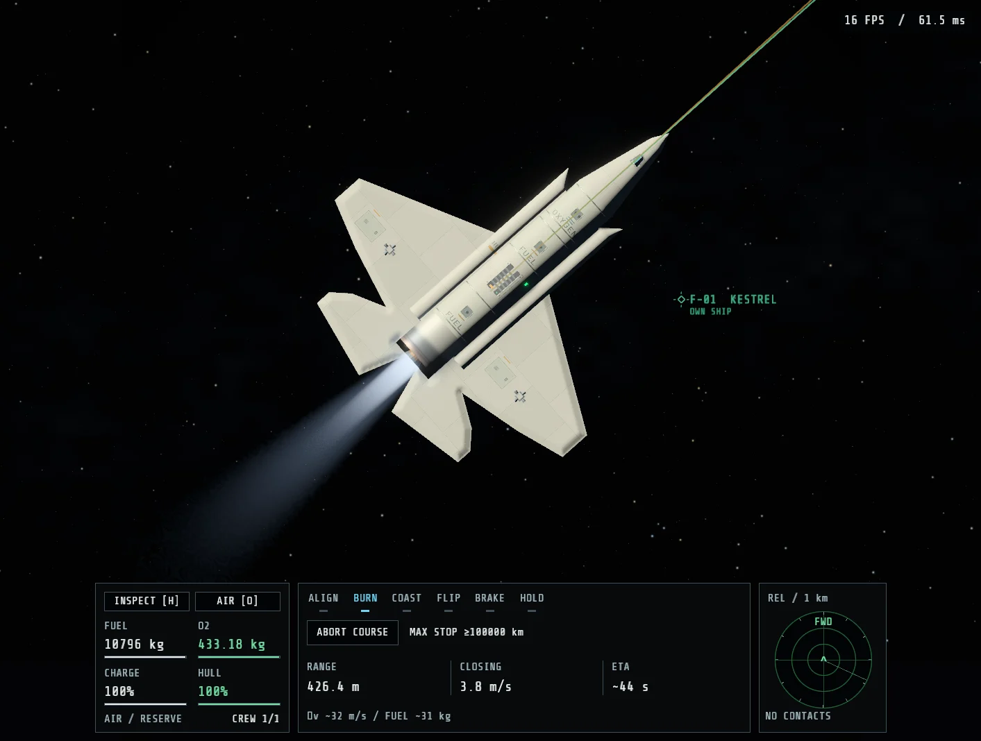A custom-built spacecraft firing its engine against a dark starfield