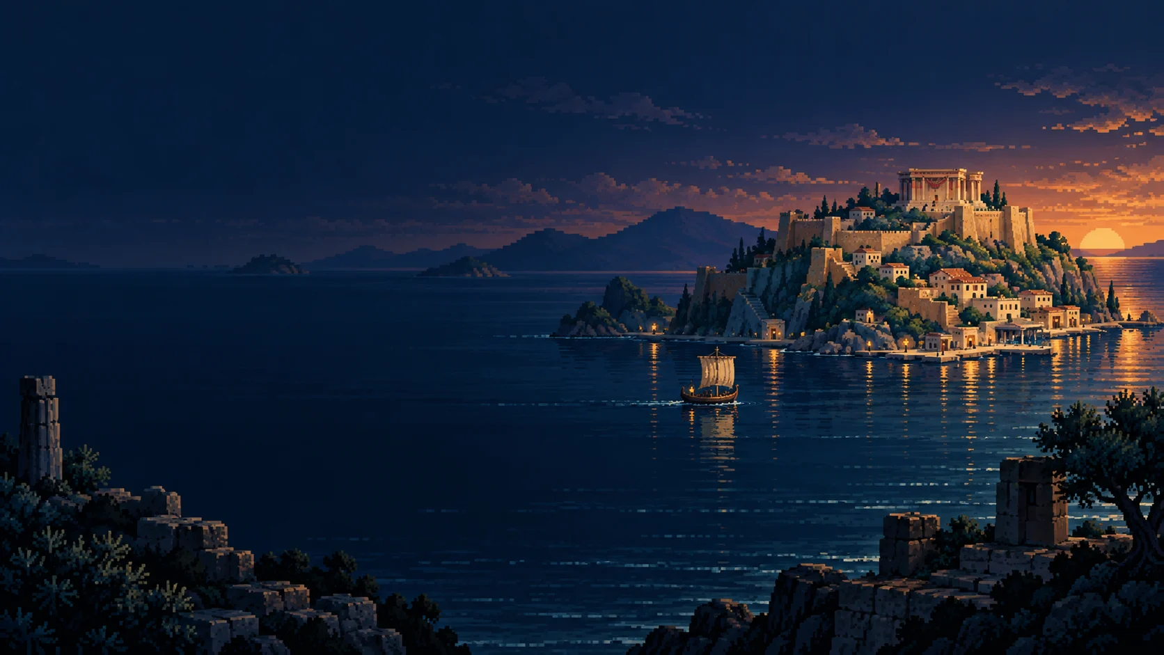 A palace city on an island above a sunset harbour
